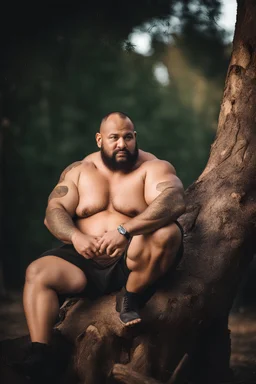 close up photography of a marocan 40 years old seated on a tree trunk in the wood, burly chubby muscular overweight, manly chest, white bulging boxer, shirtless, hairy , golden hour, tatoo,, 35mm lens, f/1.8, accent lighting, global illumination, frontal view from the ground