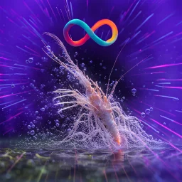 infinity symbol ∞ with vibrant powerful single prawn coming out of the water, striking, neon, chiaroscuro, dramatic, captivating, powerful, fantasy, beautiful, octane render, 16k post-production, artstation: award-winning: atmospheric: commanding: fantastical: clarity: ultra quality: striking: brilliance: stunning colors: amazing depth; lens: f/11, 35mm