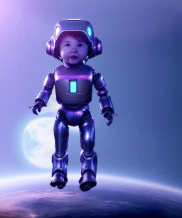 little girl sitting inside a big robot suit, white and purple