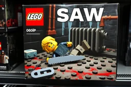 Lego box displayed for sale on a store shelf. Text: "SAW" as exact title on box across top in bold clear font. Extremely satirical dark scene showing Lego blonde haired male minifigure laying on the floor chained by leg to detailed Lego radiator in grimy abandoned boiler room. Pronounced raised pip textures on all Lego surfaces. Focus on gray Lego hacksaw on floor in foreground, just within minifigure's reach. Yellow minifigure with terrified expression. Rusty pipes and dripping water effects bu
