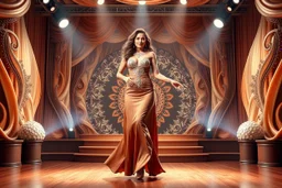 modern stage with brown cream theme artistic decoration , color full dynamic lighting, a beautiful lady in maxi dress with shining silver jewels ,curvy long hair,dancing, 3D recursive fractal structure animating background