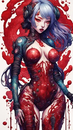 cyberpunk full body, huge girl, blood, guts, cosmic, futuristic, iridescent, intricate, behind made liquid, watercolor illustration by <Katsushika Hokusai>, darkred tones,