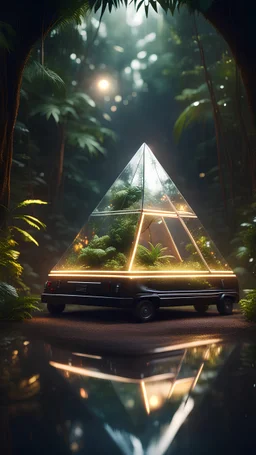 a car shaped like a tetrahedron in dark lit reflective wet jungle metallic hall dome hotel tunnel, in the style of a game,bokeh like f/0.8, tilt-shift lens 8k, high detail, smooth render, down-light, unreal engine, prize winning