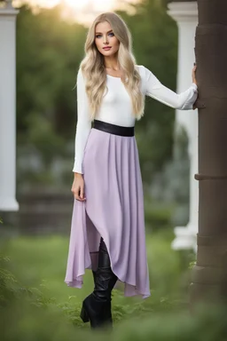 full body standing beautiful 20 year old girl with ash blonde hair and blue eyes with her long hair down, wearing a white sleeved shirt and nice sarifon dress, and lilac long leggings, with long black boots full body shot