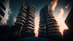 Modern tower complex , Capture this moment in cinematic. realistic, super detailed, dynamic pose, photography, 8K, camera canon