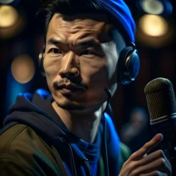 Christer Chao Solvang, norwegian chinese rapper, young dark and handsome, with thick hairy eyebrows, and tiny mic, directing a debate, photo-realistic, shot on Hasselblad h6d-400c, zeiss prime lens, bokeh like f/0.8, tilt-shift lens 8k, high detail, smooth render, down-light, unreal engine, downlight, prize winning