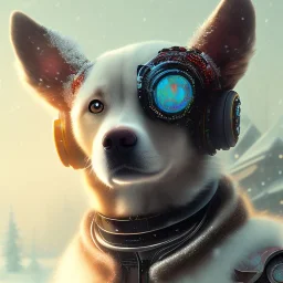 Cyberpunk Portrait of cyborg dog child with brown hair and with cute face, north pole snowy vibe , perfect composition, hyperrealistic, super detailed, 8k, high quality, trending art, trending on artstation, sharp focus, studio photo, intricate details, highly detailed, by greg rutkowski