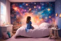 Seated in her bedroom, the adorable girl gazes at the shining stars on her galaxy wall, lost in her imagination as she dreams of creating a mesmerizing painting filled with vivid colors, portraying a whimsical fantasy world.