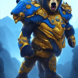 An angry bear in blue and gold armor, background of Inka jungle, high detail, smooth, realistic, digital illustration, Artstation, artgerm,