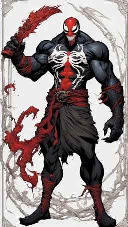 Venom symbiote with kratos Beard and red tattoos and Clothes, holding blade of choice