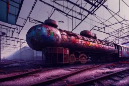 train yard, run down, graffiti, vandalized, day time, destroyed buildings , unity, scriptable render pipeline , lighting , volumetric , global illumination, fog , clear sky.