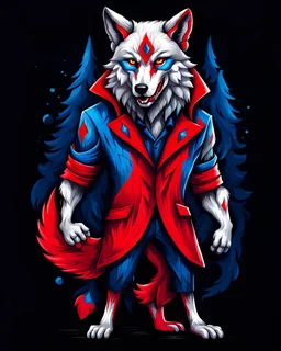 anthropomorphic wolf full body art illustration black background red, blue and white color