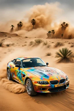 a realistic photo of a bmw z4,the car is spray painted with graffiti, desert background with sand storm to make the car stand out, colorful and stylish graffiti, 12k highly detailed and realistic , Masterpiece, dramatic product shot