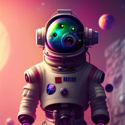 pixar style anamorphic cute cyberpunk astronaut in space, smiling, full body, magenta puffer jacket, dramatic lighting, hyper realistic, unreal engine 5, 16k, background:space