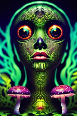 Illustration, Psychedelic art, human eye in a forest full of colourful mushrooms, vivid colours, intricate details, maze, gears, in the style of H.R.Giger, DMT, ultra detailed, photorealistic, top light, 35mm lens, fish-eye