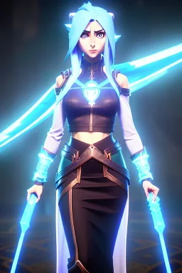 female sorcerous, lathe build, wearing transparent light blue skirt, light blue thigh high boots, light blue crop top, big detailed eyes, eyes are both in proportion, eyes with pupils, 3/4 look, long blonde hair, hair has one dark blue streak, small up turned nose, large breasts, small waist, round butt, standing, dark cobblestone alley, one halo white light behind head, lighting in the background, photorealistic rendering in the art style of j.scott campbell