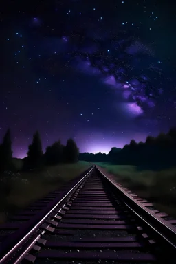 A purple night sky with lots of stars and railway track