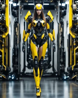 length image full body photo humanoid beautiful woman long hair with body mechanical bLack and yellow inspired design by bumble bee transformer robot sense of luxury technology future background