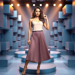 make a picture pretty stage made of metallic blue-gray teme 3d recursive cubic and sphere and cylinder base structures and a beautiful fashion model lady standing with cute in scene with sexy top and pretty pleated midi skirt ,makeup curvy long hair,dynamic camera zoom to full body and pan, dynamic lights.