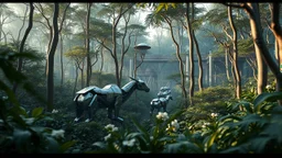 A dense forest where the trees and plants are made of sleek, metallic materials and intricate circuitry. Robotic animals roam among the foliage, their bodies covered in a mesh of wires and sensors that mimic natural forms, Ultra Realism, beautiful intricate insanely detailed octane render, 5d, 16k, artistic photography, natural volumetric perfect light, chiaroscuro, award-winning photograph, masterpiece, rule of thirds, 80mm lens, adjust perspective