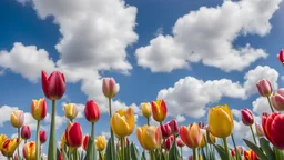 Colorful Dutch tulips against a blue sky with white clouds