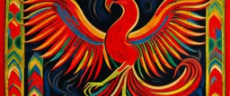 A red fire elemental phoenix designed in Navajo woven art painted by Alexej von Jawlensky