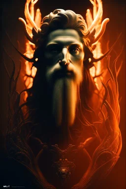 portrait photography of an ethereal beautiful animal god, Fire theme art, Dark moody night atmosphere, Portrait of a man by Michelangelo, 8K, close-up face, anatomically perfect face, oak tree roots, ignore NSFW