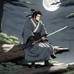 [scene by studio ghibli inspired by Miyamoto Musashi] the gangsta ronin sits solitary on a log, garbed in a humble grey kimono. The sole katana in his hand gleams in the small moon. his face is a testament to the impending clash that awaits at dawn, a duel that will test his mettle and honor.