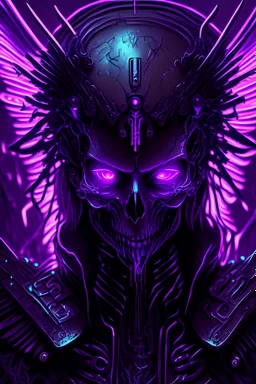 cyberpunk angel, glowing purple eyes, black metall skull, violet neon wings, black mantle, horror them, hard-edge style, neon lights,highly detailed, high details, detailed portrait, masterpiece,ultra detailed, ultra quality