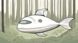 spaceship shaped like a flatfish, in a forest clearing