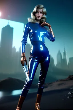 Ultra Realistic retro sci-fi portrait New York image from 1960, many spaceships, sweet young Jane Fonda, tight latex suit, weapon, fighting stance, soft color, highly detailed, unreal engine 5, ray tracing, RTX, lumen lighting, ultra detail, volumetric lighting, 3d, finely drawn, high definition, high resolution.