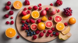 Delicious fruit on round wood chopping board, mango pomegranate raspberries papaya oranges passion fruits berries on off white concrete background, selective focus