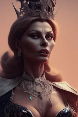 Sophia Loren as evil queen in black leather, cleavage, angry, stern look. character design by cory loftis, fenghua zhong, ryohei hase, ismail inceoglu and ruan jia. unreal engine 5, artistic lighting, highly detailed, photorealistic, fantasy