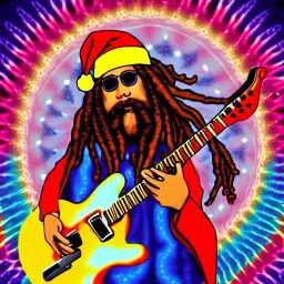 hippie Santa playing electric guitar, psychedelic, peace sign, MUSHROOMS, TRIPPY, ACID, LSD, dreadlocks