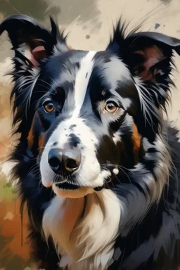 border collie portrait painterly, brush work, heavy brush work, impressionistic, painting process impasto