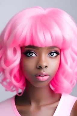 cute women blackskin pink eyes and pink wig