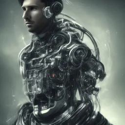 portrait face lionel messi, robot, long black hair, intricate, sci-fi, cyberpunk, future,