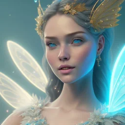 A beautiful portrait of a fairy smiling, facing camera blue color scheme, blue eyes, high key lighting, volumetric light high details with white stripes and lights unreal 5, octane render, cinema4d, dynamic lighting, dramatic lighting, 4k, redshift render, highly detailed, hyper realistic