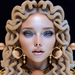 brown eyes, curly hair roll, blonde cute young woman singing at saturns europa moon, golden jewelry, ice cold, winter, magnificent, majestic, highly intricate, incredibly detailed, ultra high resolution, complex 3d render,renaissance painting