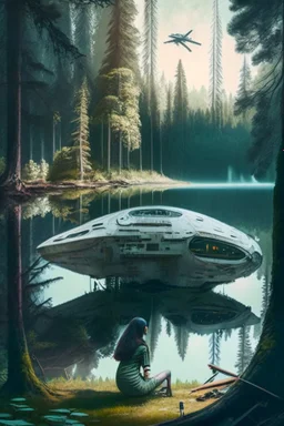 spaceship in a forest clearing, next to a lake, with a woman kneeling under it fixing something