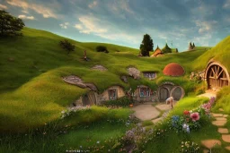 The town of Hobbiton in the Summer, the shire, beautiful scenic landscape, lord of the rings, wide angle, super highly detailed, oil painting, artstation, concept art, smooth, sharp focus, no blur, no dof, extreme illustration, unreal engine 5, photorealism, hd quality, 8 k resolution, cinema 4 d, 3 d, beautiful, cinematic, art by artgerm and greg rutkowski and alphonse mucha and loish and wlop