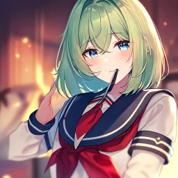 Clear focus, High resolution, short light green hair, blue eyes, wearing a sailor uniform, red tie, wearing a sailor skirt, eyes closed, mouth open, 1girl, spiky hair