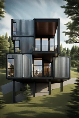 Medium-sized modern house made from shipping containers, on a hill overlooking the woods, photorealistic