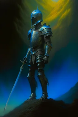 1970's dark fantasy cover dnd style oil painting of an holographic knight with minimalist far perspective.