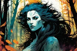 create a wildly conceptual print illustration of a feral wolven sorceress with highly detailed hair and feminine facial features, in an ethereal, otherworldly ,ancient autumn forest , in the comic book art style of Bill Sienkiewicz, Mike Mignola, Sparth, and Jean Giraud Moebius, finely drawn, colored, and inked, suffused with dramatic natural light and shadow of sunset