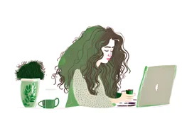 wavy-haired brunette at her desk doing some online shopping sipping coffee from an olive green mug, illustration