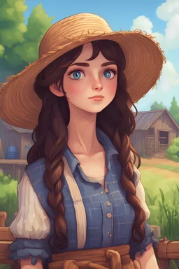 A girl with long dark brown hair, with a straw hat on her head, blue eyes, dressed in farm clothes stardew, valley style
