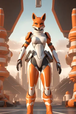 anthropomorphic fox lady with thick eyelashes and wide innocent eyes, and a tall build, orange and white sci-fi latex suit with pauldrons and armored boots, Pixar style, 3D, modern render, HD, has a face like Diane Foxington from the Bad Guys movie,