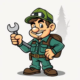 retro cartoon company mascot of a vehicle mechanic with a hint of forest ranger, holding a torque-wrench.