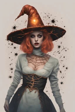 portrait of a wizard hat Halloween vintage girl, and all with a hint of horror and mischief, perfect for a Halloween vibes to any surface, fullbody, creepy, horrifying, sinister, many worms parasite creature connected to heart, sparks around her, sparks cybernetic, intricate, 8k, macro photography,